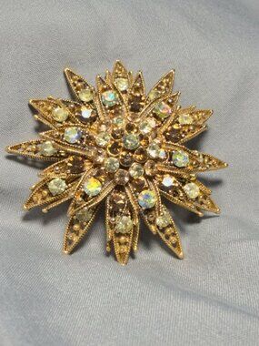 Starburst Brooch Gold Tone Rhinestone Aurora Borealis Vintage Pin 2.25”